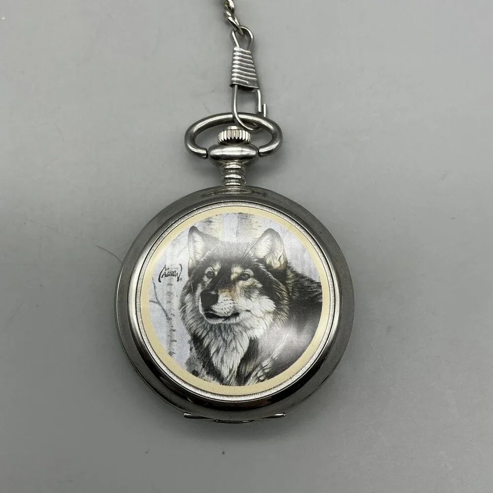 Al Agnew Pocket Watch Men 46mm Silver Tone Wolf Full Hunter Chain New Battery